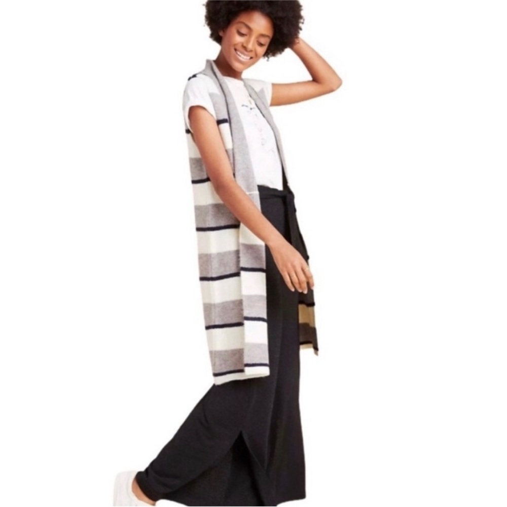 Anthropologie Long Cardigan Size Large Gray White Stripe Open Front Knit Vest